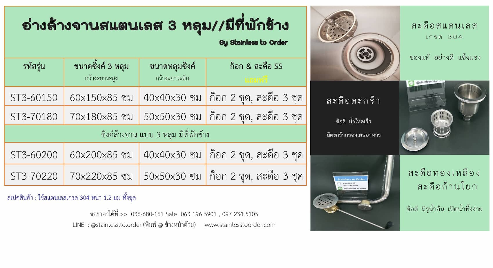 ขนาดอ่างล้างจานสแตนเลส 3 หลุม